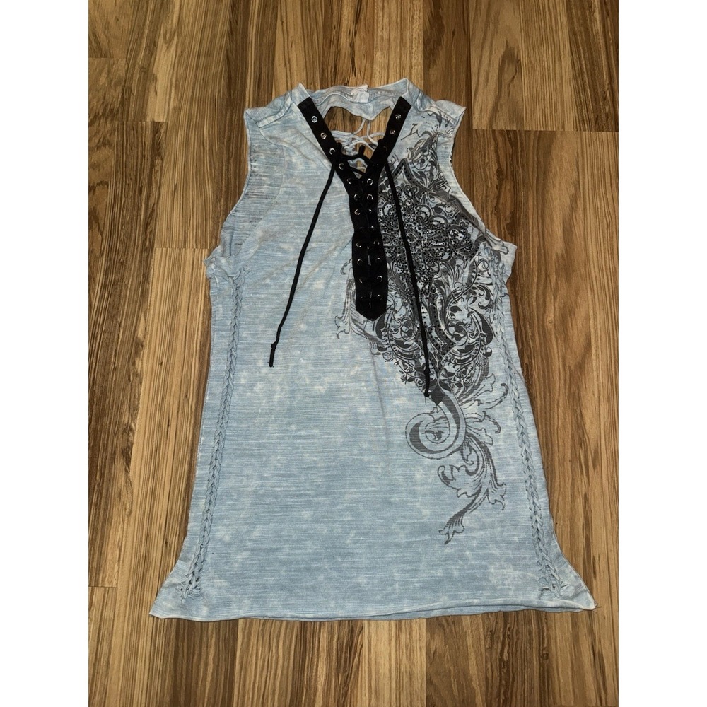 Affliction Women' Sz XS‎ Black Blue Tank Top Shirt Bling Rhinestones Cross